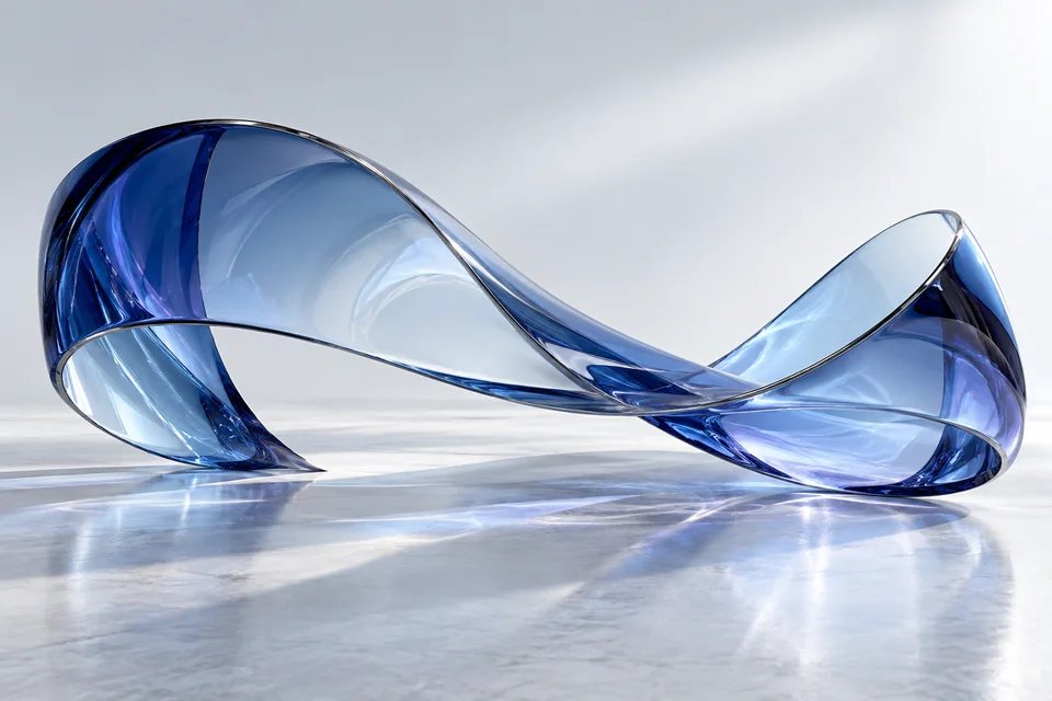 A single ribbon of blue glass curving over a pale reflective floor