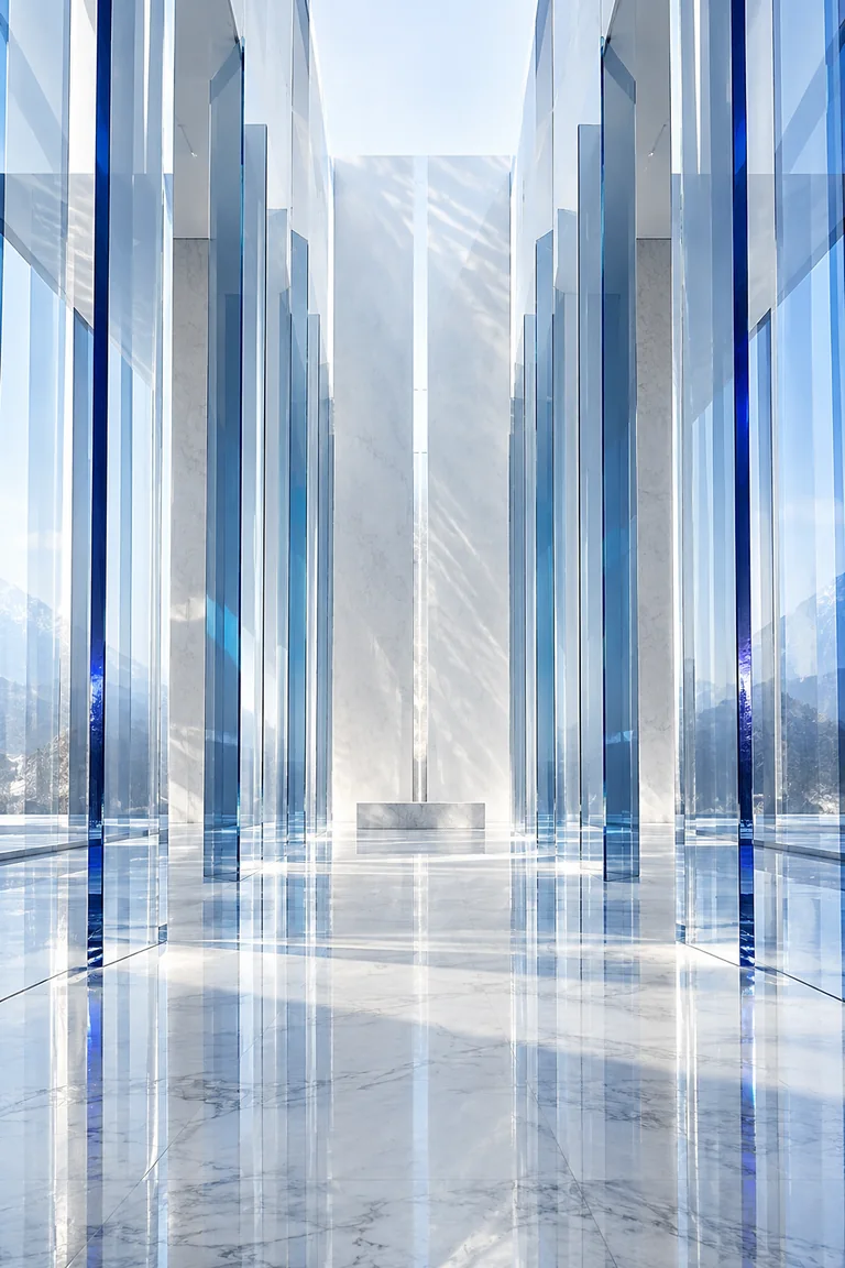 A bright hall of tall glass panels and white marble opening onto mountains