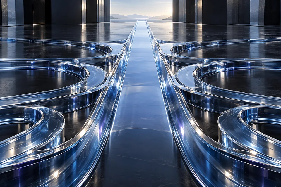 Curved glass channels converging on one straight path toward a bright horizon
