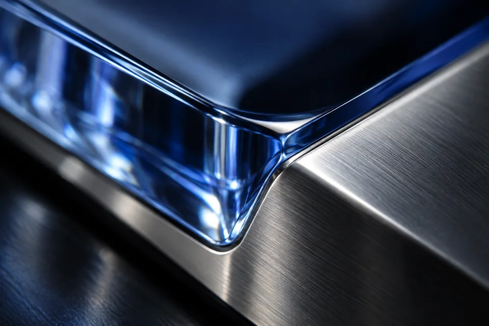 Close-up of a blue glass edge set into brushed metal