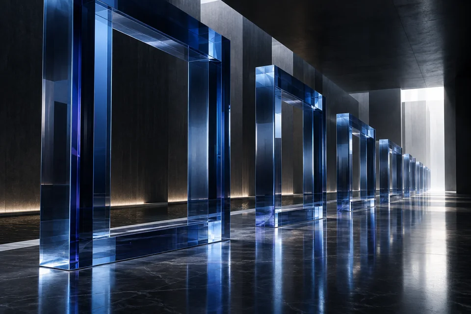 A corridor of tall blue glass frames standing in a row on a dark polished floor