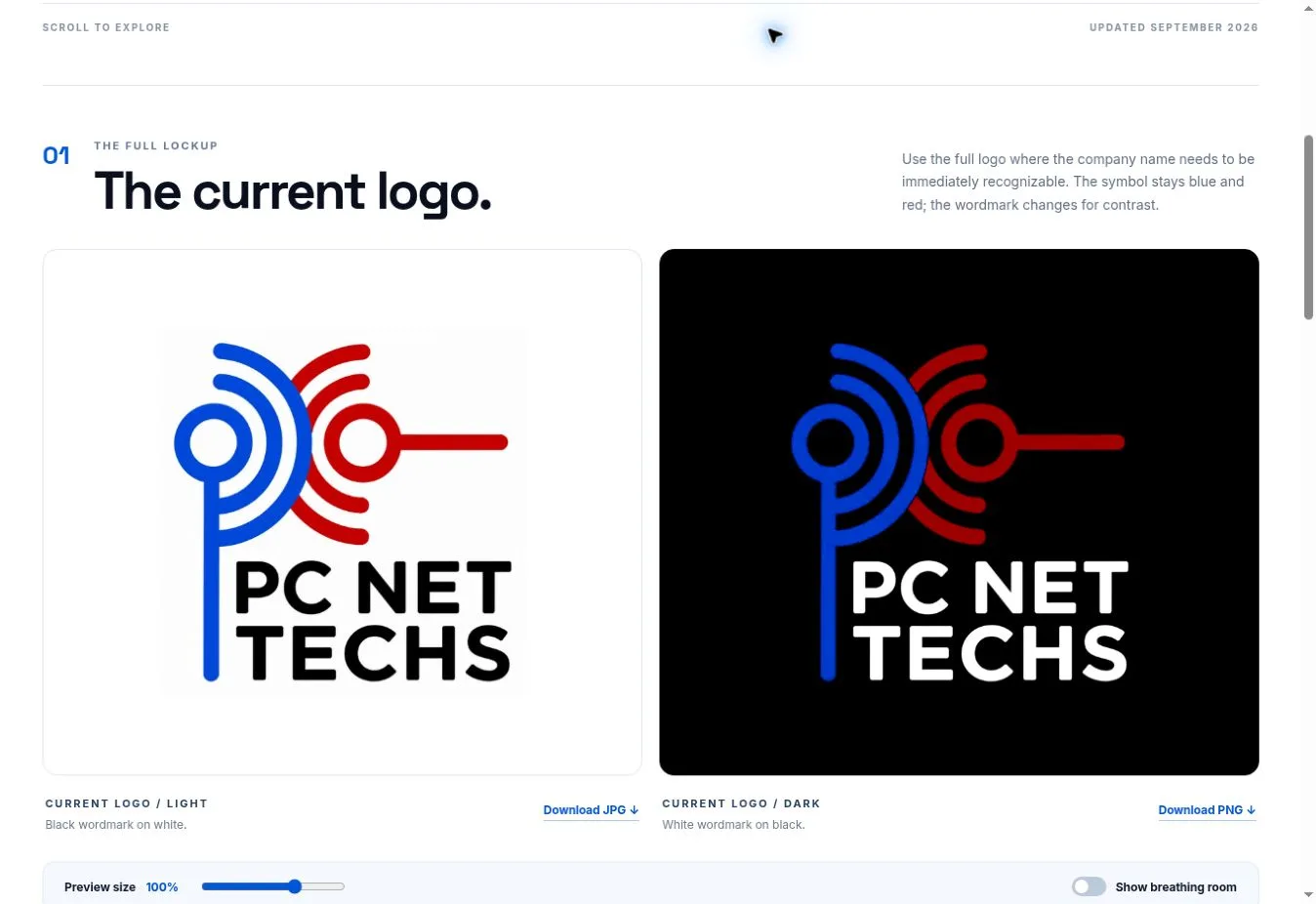 PC NET TECHS brand reference showing the supplied full logo in light and dark treatments