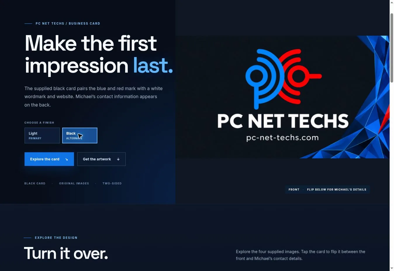 Interactive PC NET TECHS card page showing the alternate black card front