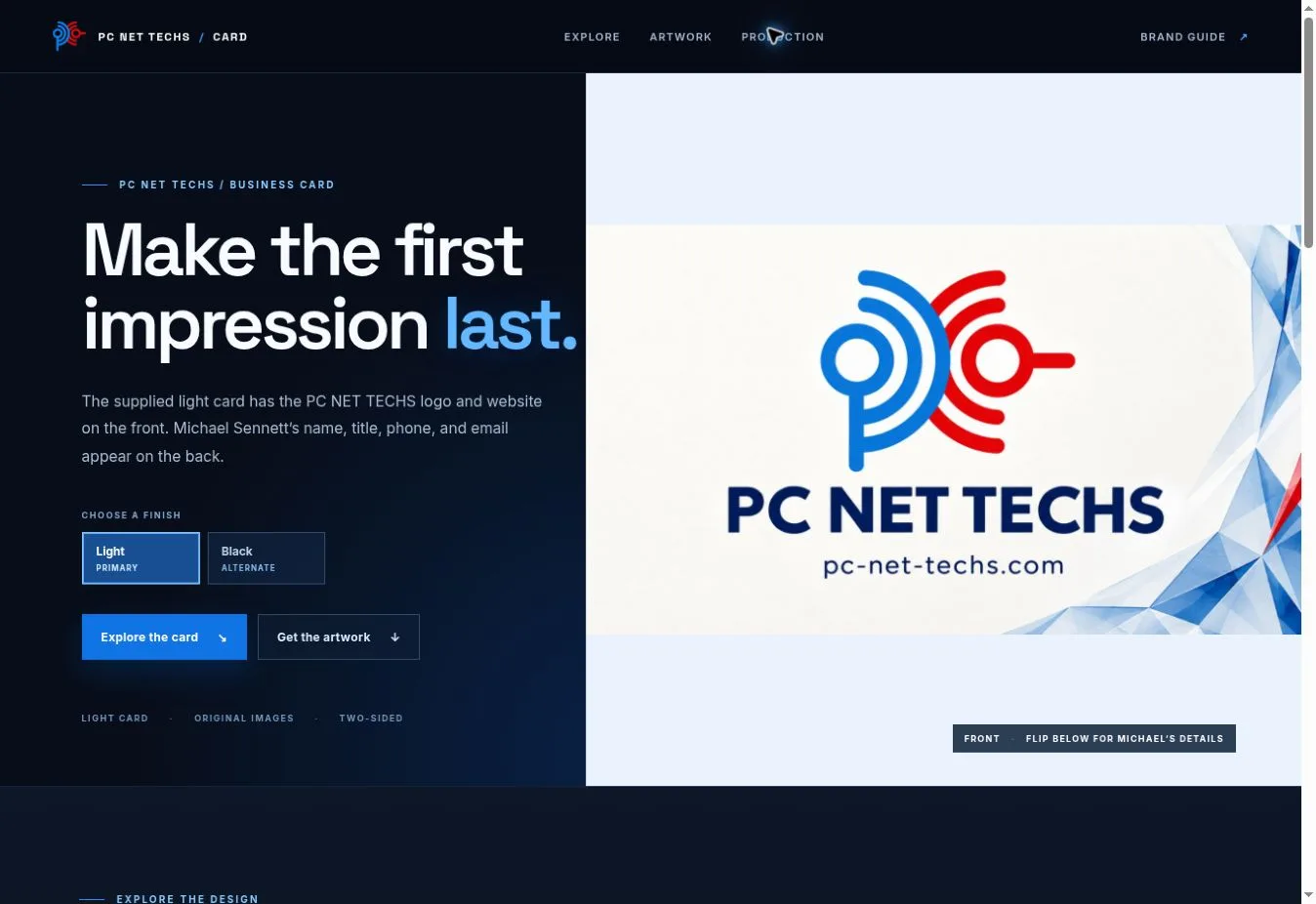 Interactive PC NET TECHS card page with the light front design and blue-red mark