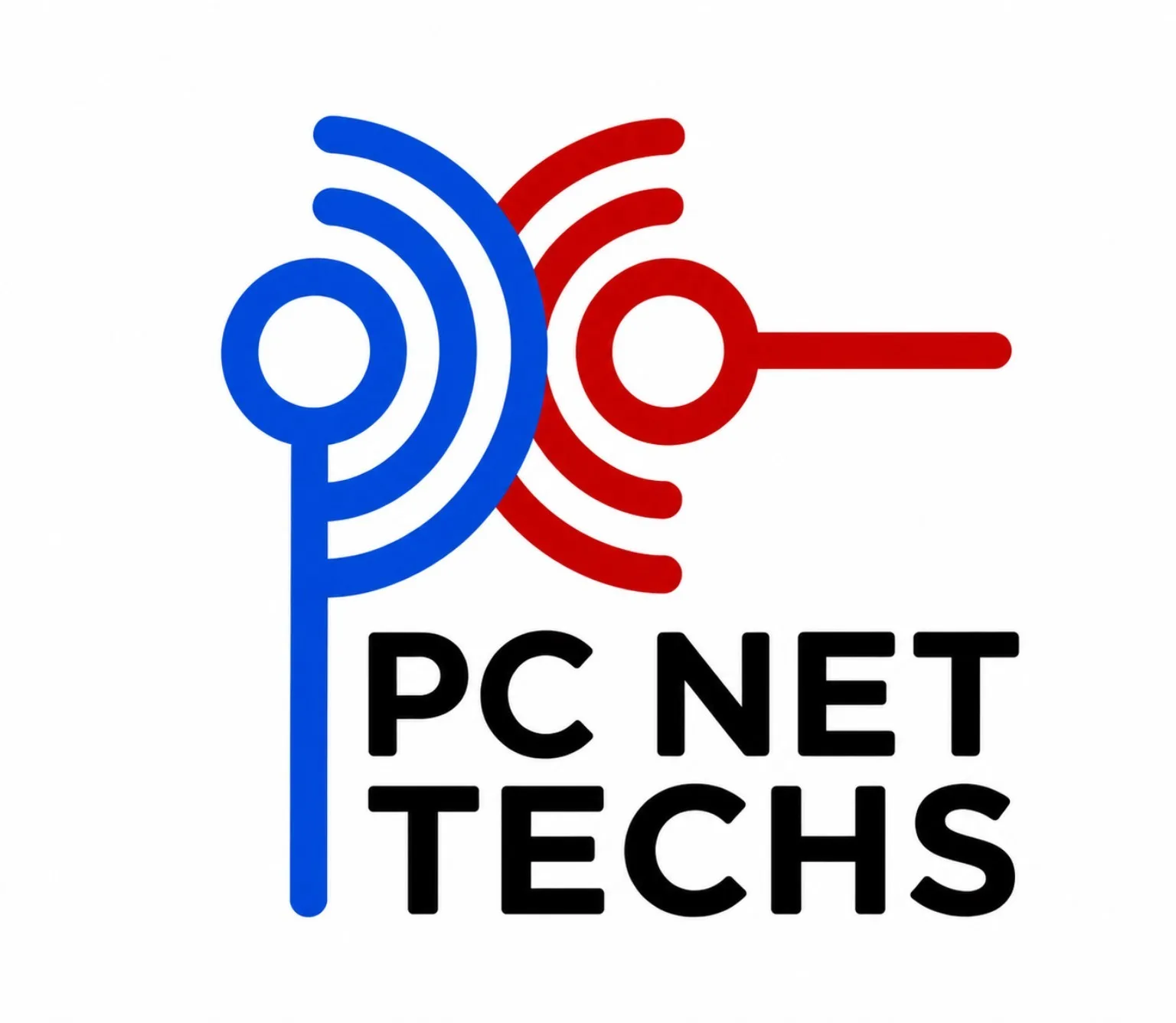 Current PC NET TECHS logo with vivid blue and red symbol above a clean black wordmark