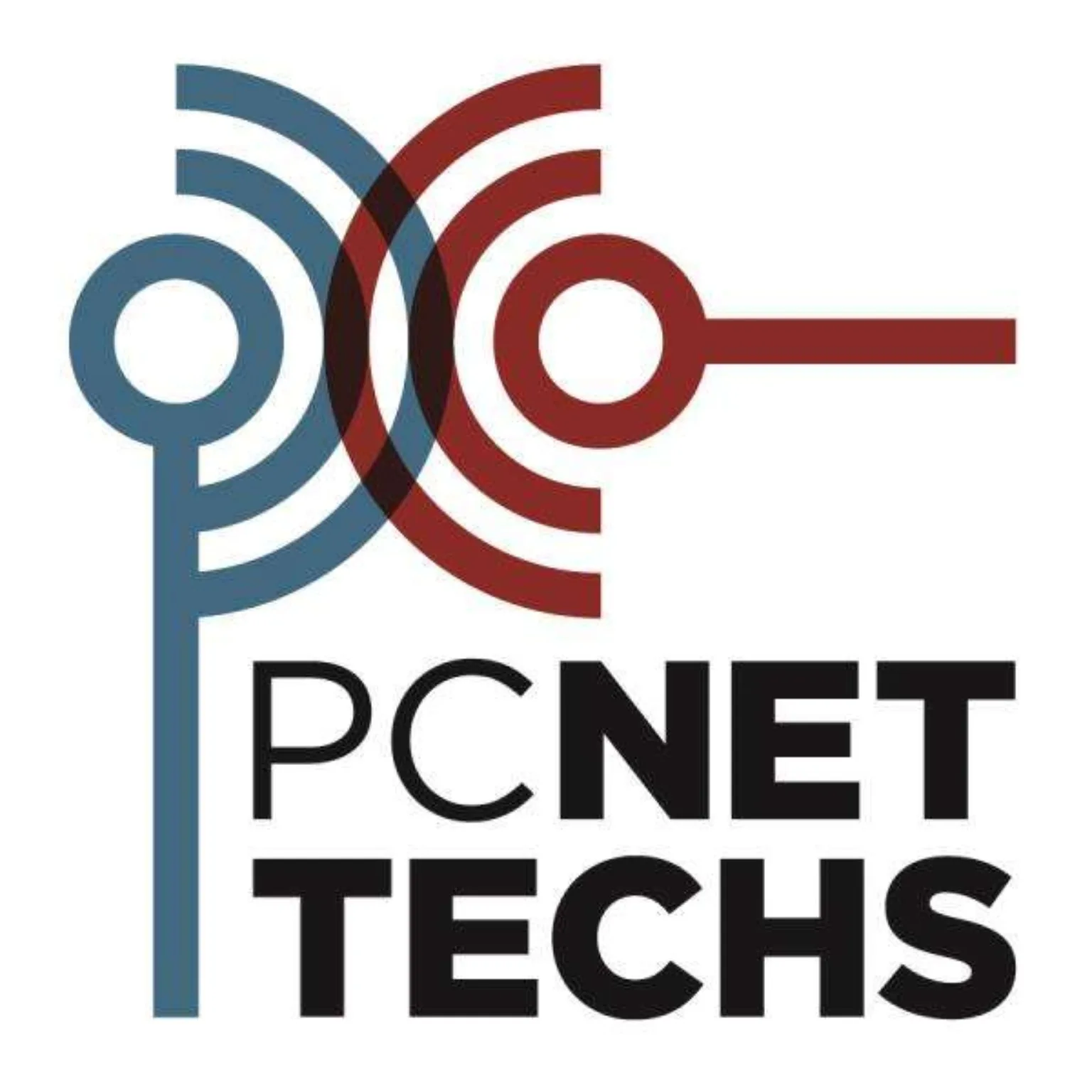 Earlier PC NET TECHS logo with muted blue and brick-red overlapping symbol and mixed-weight black lettering