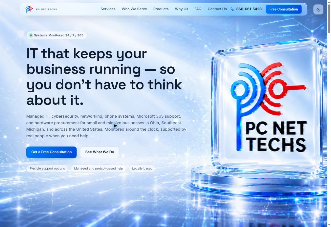 Live PC NET TECHS website on desktop, with service headline over a luminous blue network background and glass logo