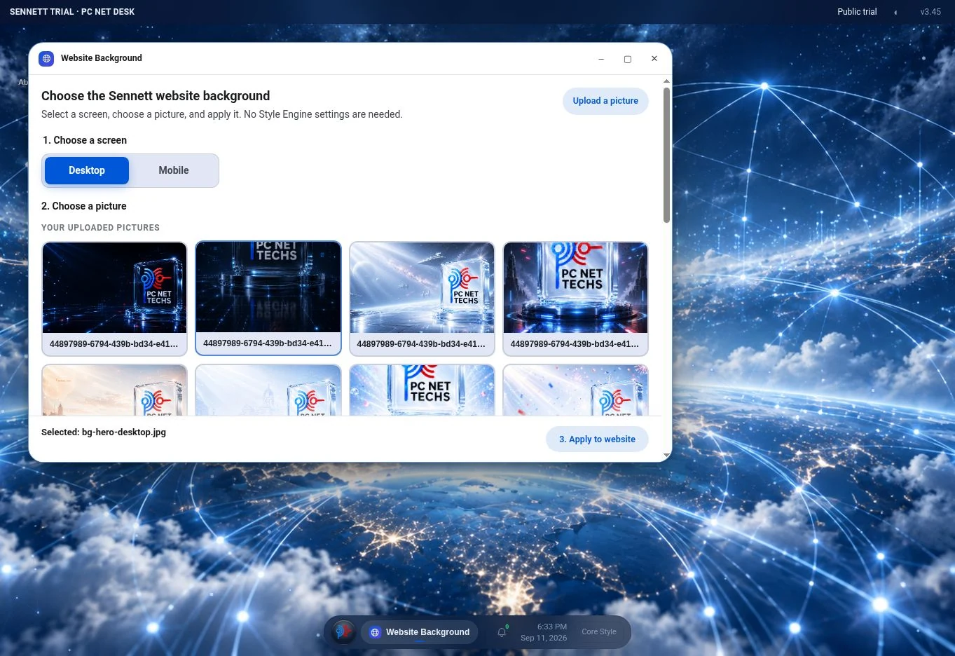 Website Background chooser showing desktop and mobile options and image thumbnails over the PC NET DESK wallpaper
