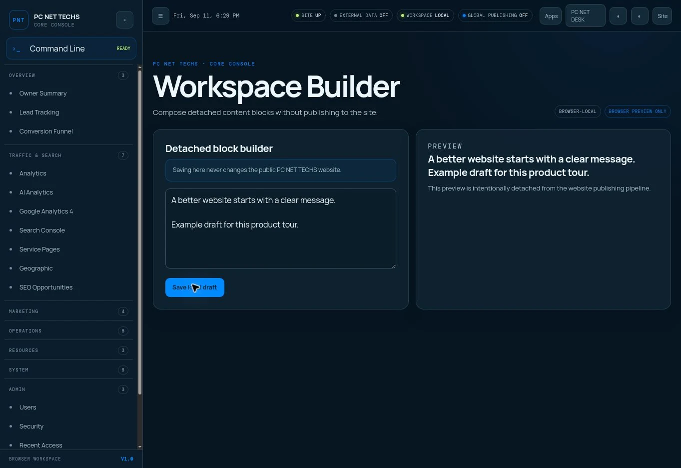 PC NET DESK Builder preview showing a website editing interface