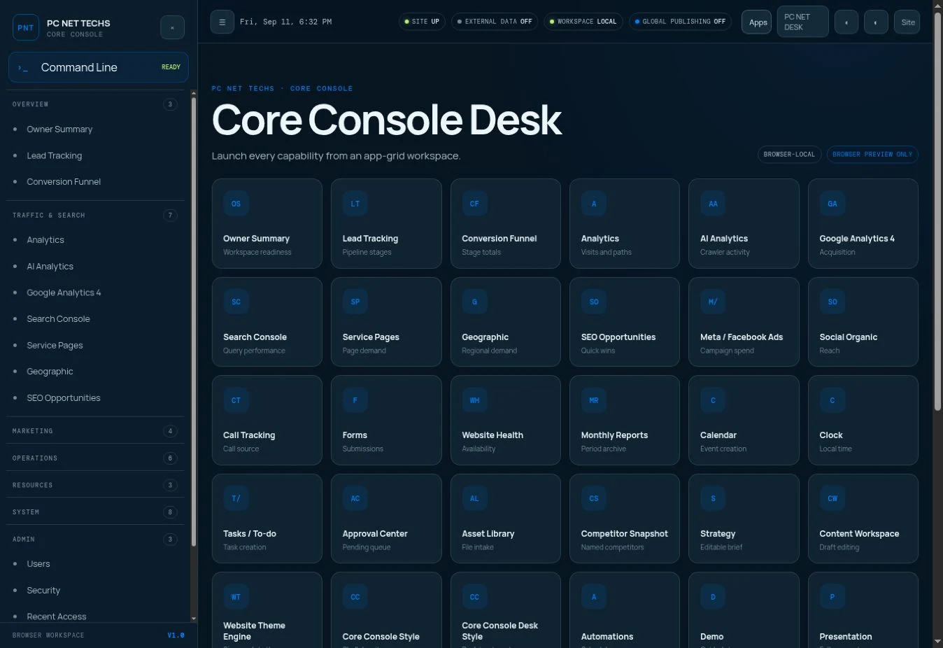 GCI browser-local Core Console preview showing the grid of available app categories