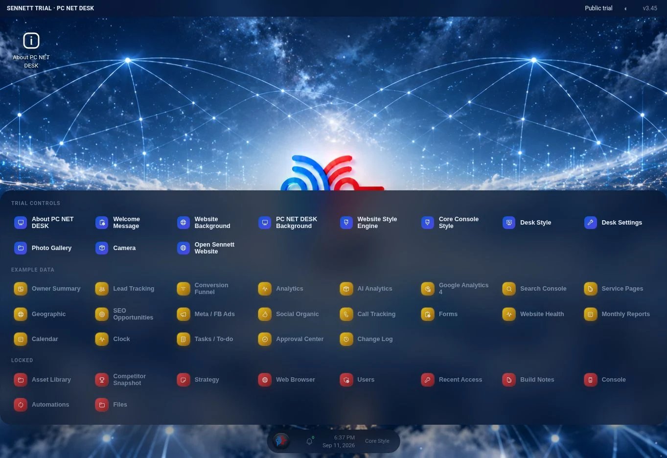 PC NET DESK public trial launcher over a glowing blue network and clouds wallpaper