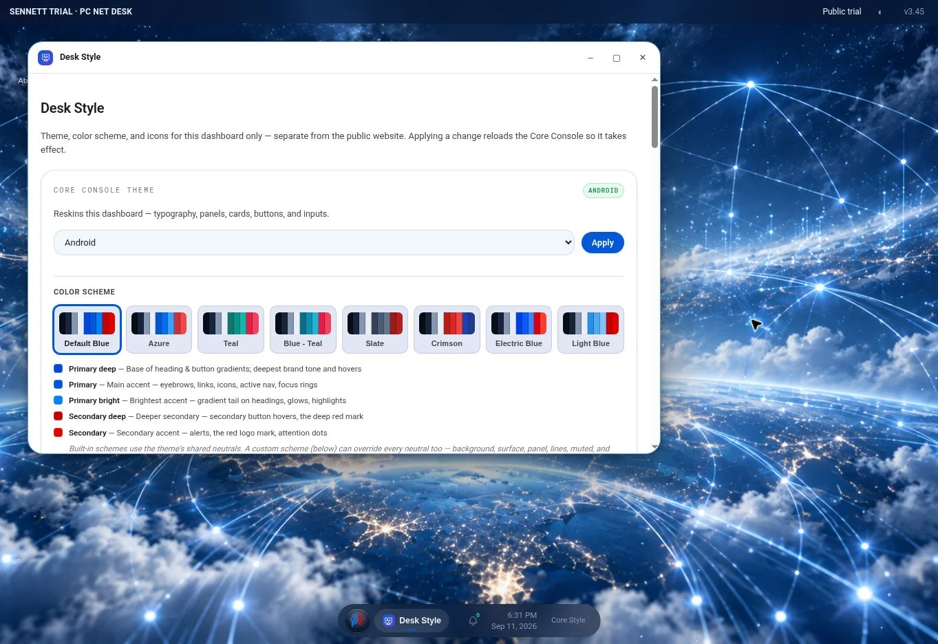 Desk Style controls with color scheme choices over the luminous network wallpaper