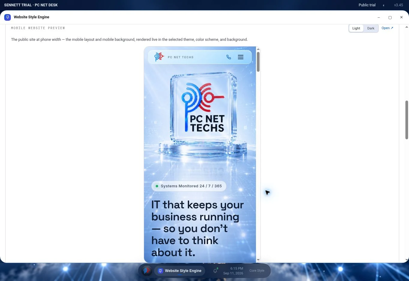 Phone-width PC NET TECHS website preview inside the public Desk Style Engine, showing the mobile hero background and logo