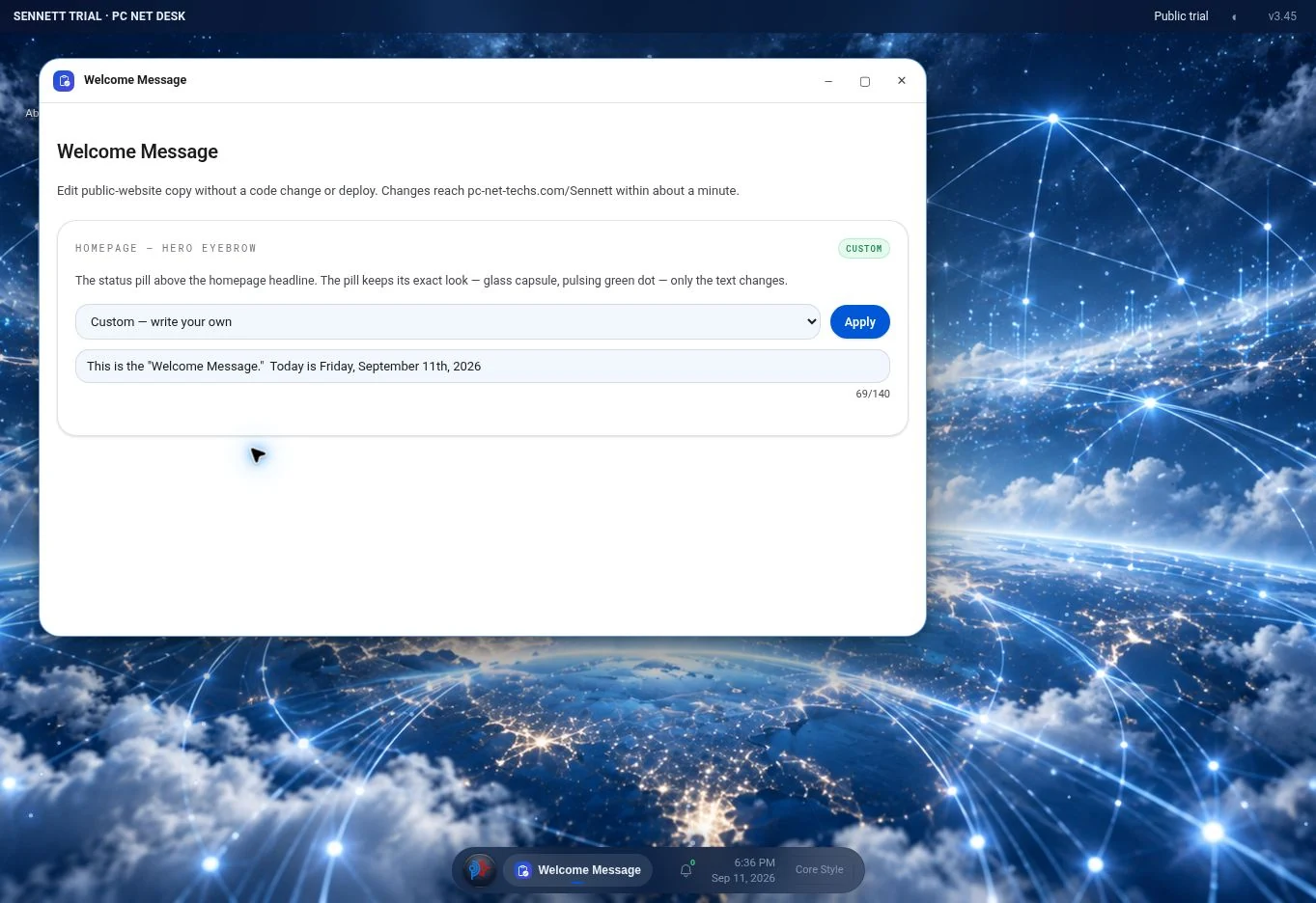 Welcome Message editor open in the public trial over the blue PC NET DESK background