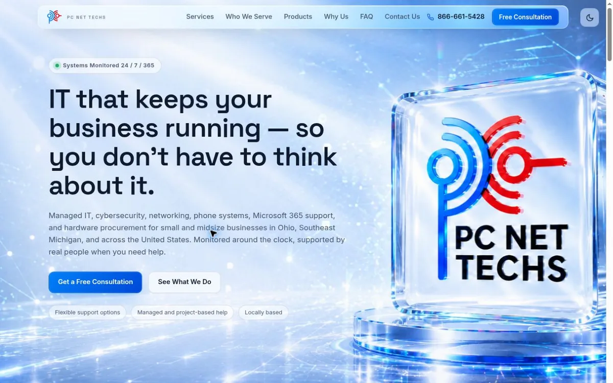 The PC NET TECHS website on desktop: a service headline over a luminous blue network background with the glass logo