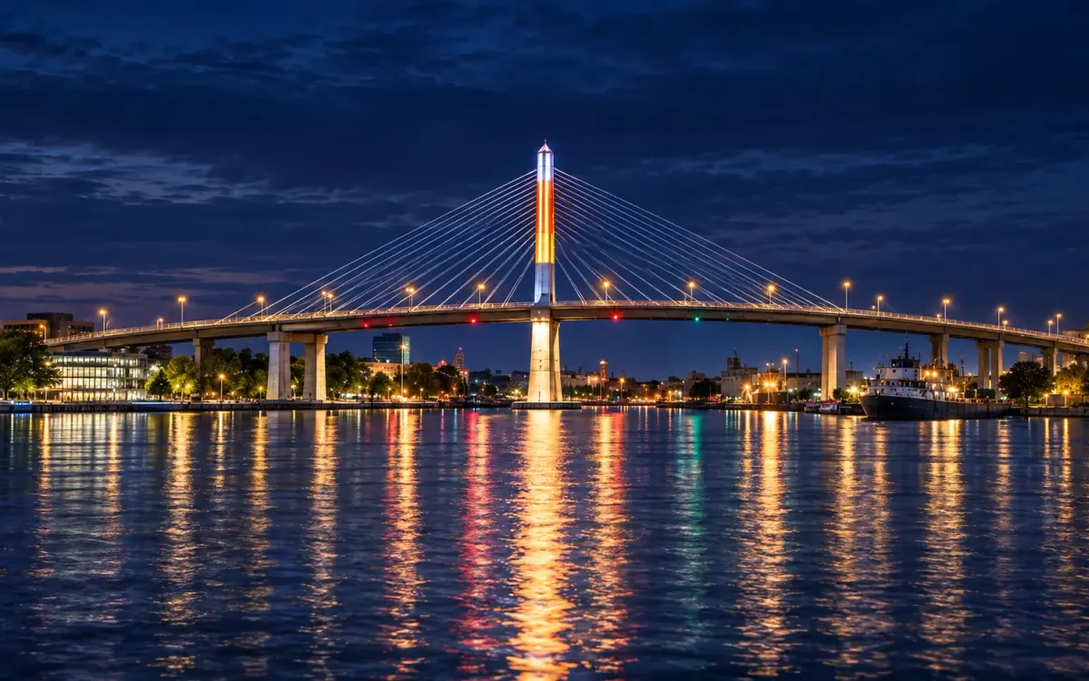 Illustrative night view of the Skyway bridge over the river in Toledo, its lit pylon reflected in the water